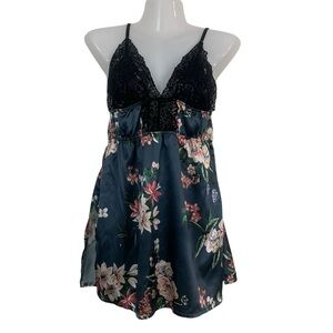Women's S Dark Floral Nightgown‎ Top Black Lace Trim Cami Y2K Feminine Babydoll